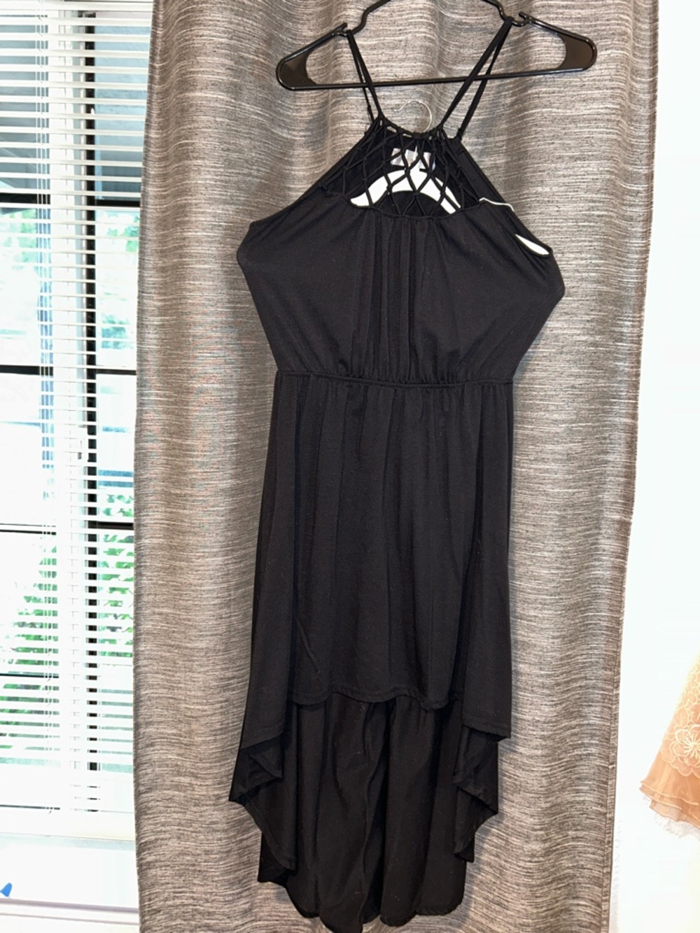 Black High-Low Halter Macramé Dress Medium